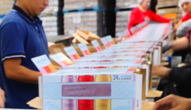 Workers packaging products into boxes